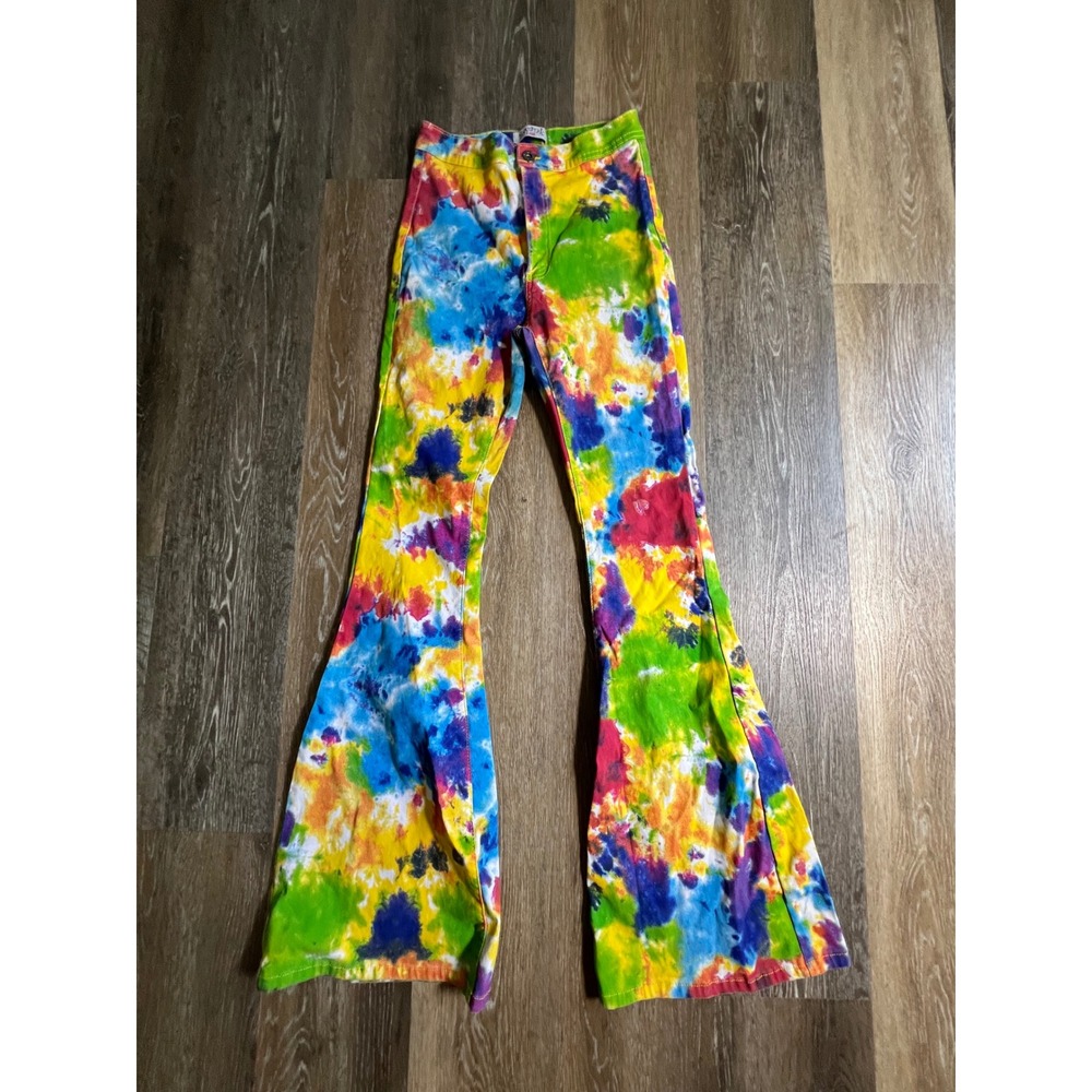 Swank A Posh Flare Jeans Womens Large Multi-Color Tie Dye High Rise Bell Bottom